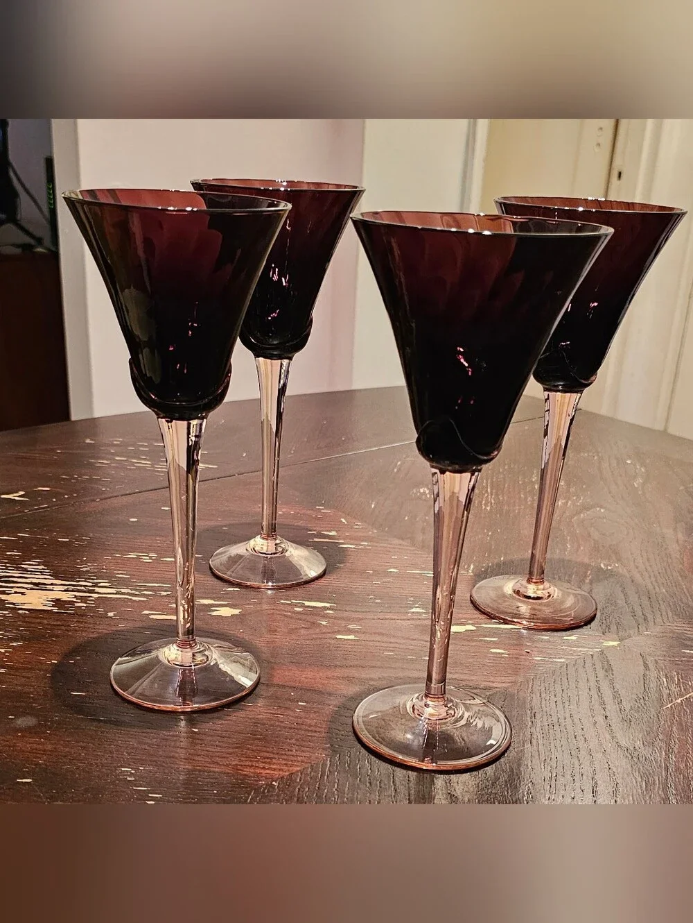 Vintage Mikasa Elegant Amethyst w/Pink Stem Wine Glasses - Set of 4